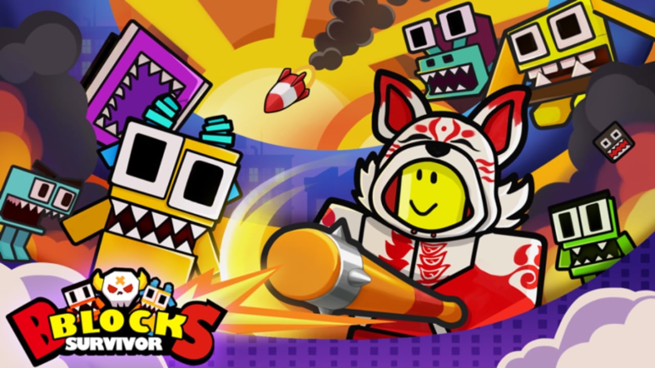 The featured image for our Block Survivor codes guide, featuring a Roblox character fighting with a pencil against other colourful block creatures.