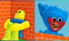 feature image for our build to survive codes guide, the image features a roblox character sat on the floor as they hold their knees to the chest as they sit behind a brick wall with a scared expression on their face as they look up, there is also an image of a character from poppy playtime looking over the brick wall