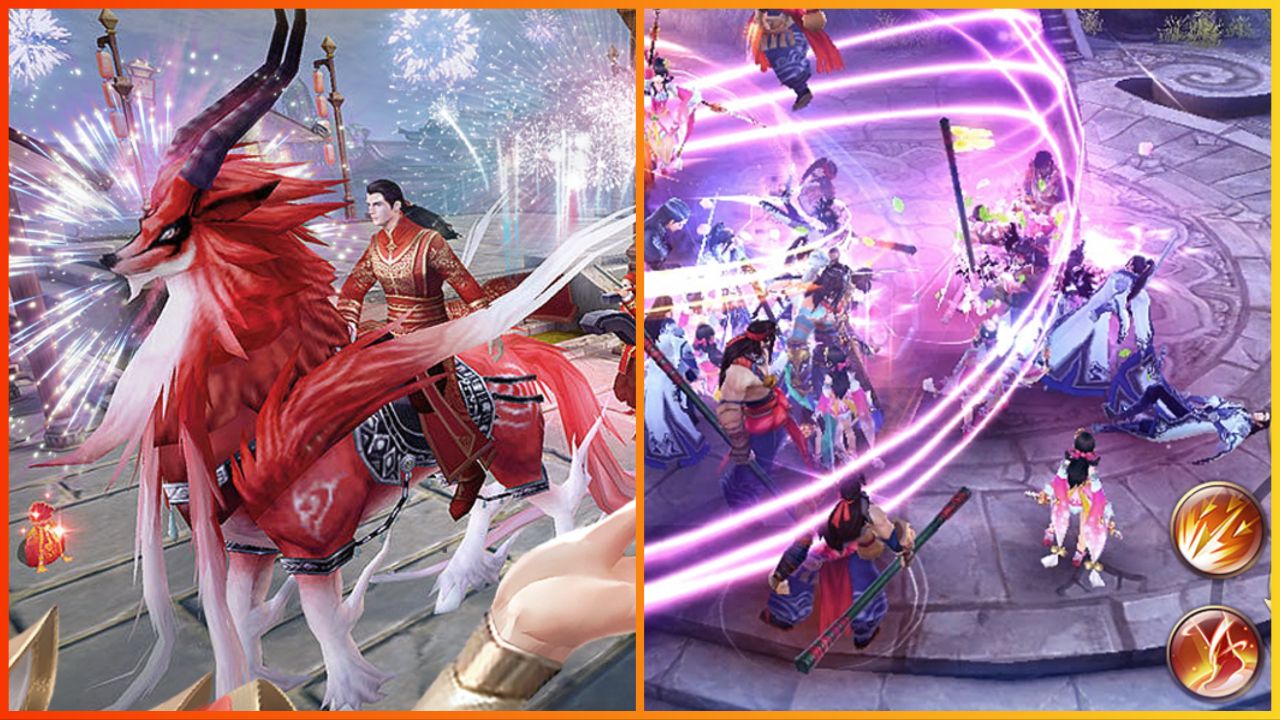 feature image for our chaos immortal era codes, the image features promo screenshots of the game such as a characte riding a fantasy wolf mount as fireworks explode behind them, there is also a screenshot of combat gameplay as players stand next to each other