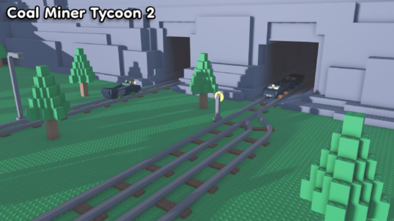 The featured image for our Coal Miner Tycoon 2 codes guide, featuring the entrance to a coal mine, with a railtrack leading into it.
