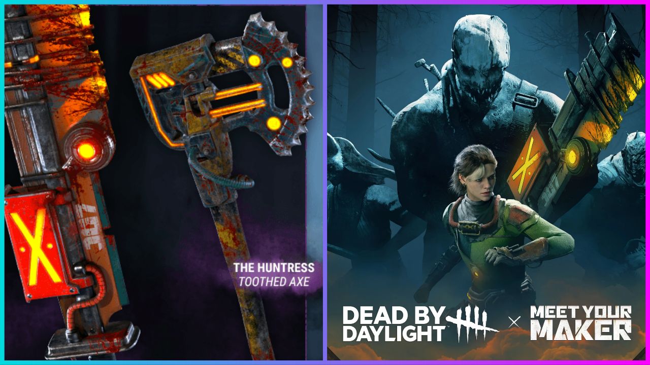 feature image for our dbd meet your maker codes, the image features promo photos for the collaboration of the survivor, meg thomas, in an outfit inspird by a character from meet your maker, as well as the dead by daylight and meet your maker logos, there is also a close up of two weapons from the collaboration such as a new toothed axe for the huntress