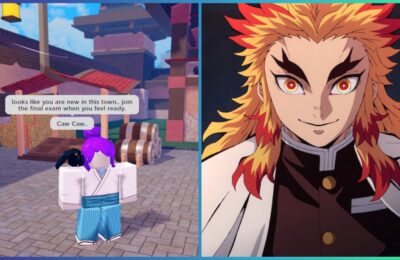 feature image for our demon slayer midnight sun breathing guide, the image features a drawing of rengoku from the demon slayer series, as well as a screenshot from the roblox game of a roblox character standing by a stall with wooden barrels, as a bird sits on their shoulder