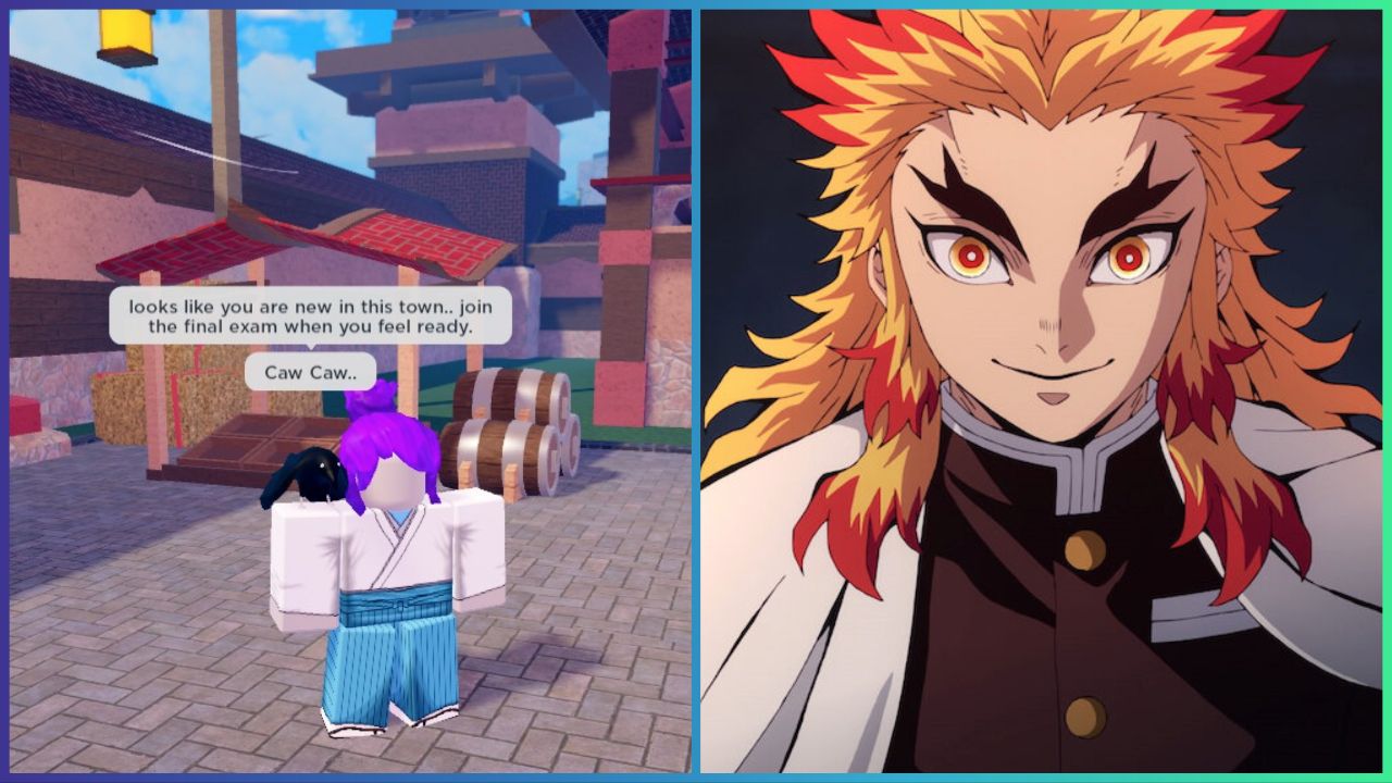 feature image for our demon slayer midnight sun breathing guide, the image features a drawing of rengoku from the demon slayer series, as well as a screenshot from the roblox game of a roblox character standing by a stall with wooden barrels, as a bird sits on their shoulder