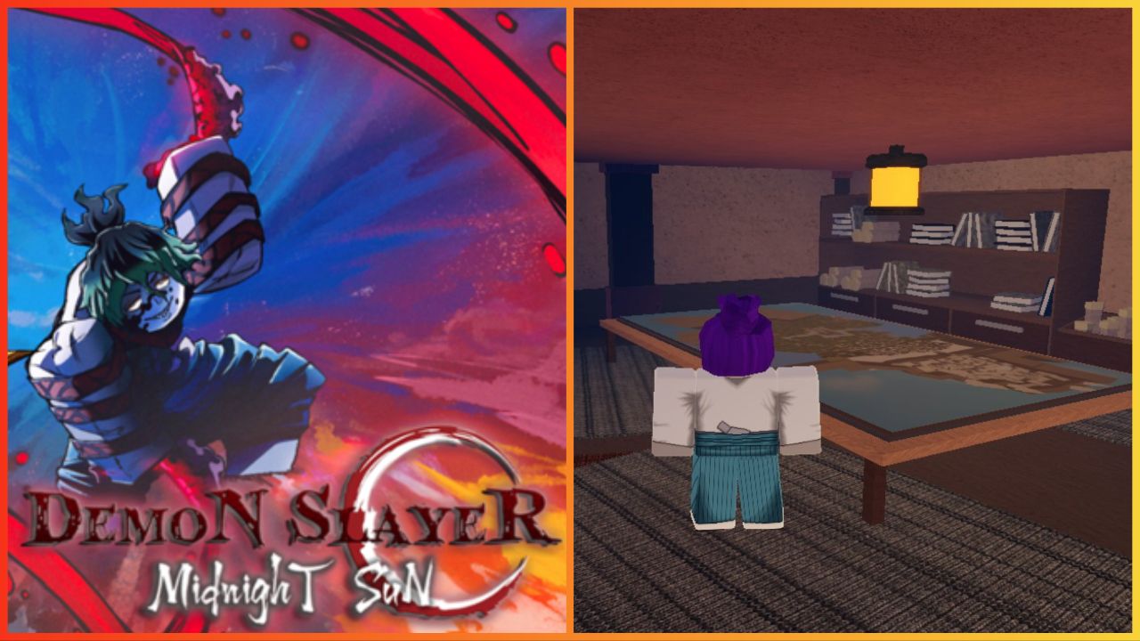 feature image for our demon slayer midnight sun clan tier list, the image features promo art for the game of a roblox version of a demon slayer character taking part in battle as they wield a blood art abilities with a smirk on their face, the game's logo is also at the bottom, there is also a screenshot from the game of a roblox character stood by a table and looking at a large map that is on the table by a bookshelf