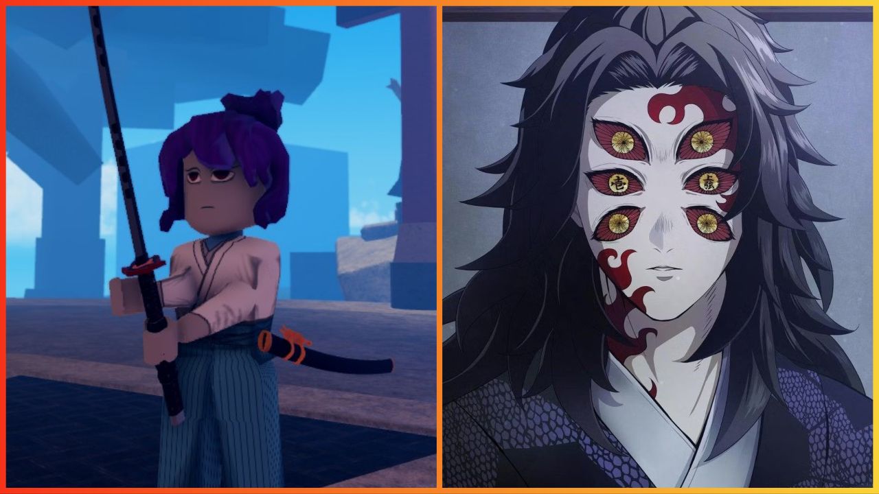 feature image for our demon slayer midnight sun hybrid guide, the image features a screenshot from the game of a roblox character holding a katana, as well as a screenshot from the demon slayer series of the hybrid character Kokushibo