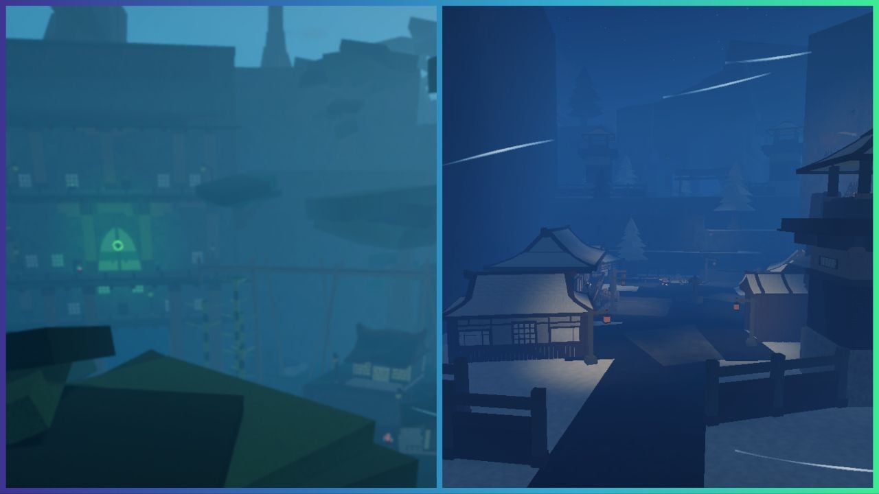 feature image for our demon slayer midnight sun map guide, the image features screenshots of 2 locations from the game, one of the demon temple with a glowing green door, as well as a screenshot of tundra village as it is filled with buildings and trees