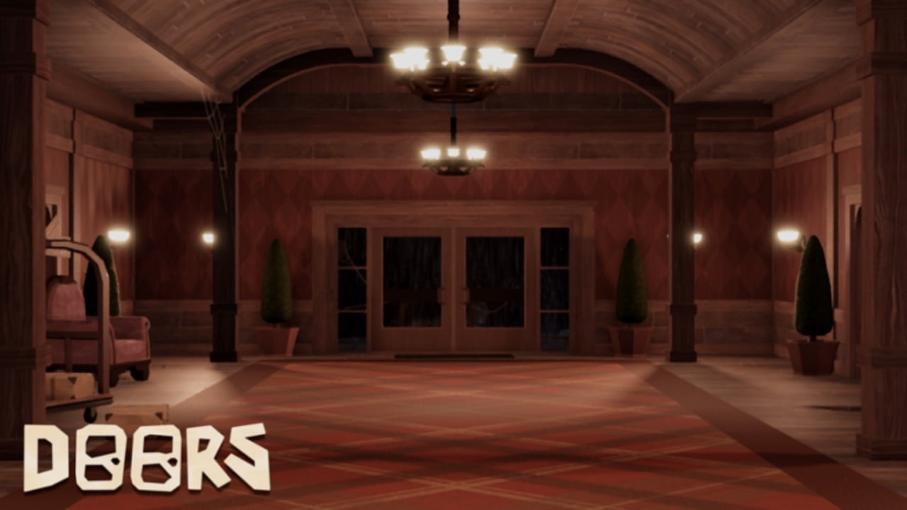 The featured image for our Doors tier list, featuring a creepy hallway in a haunted mansion.