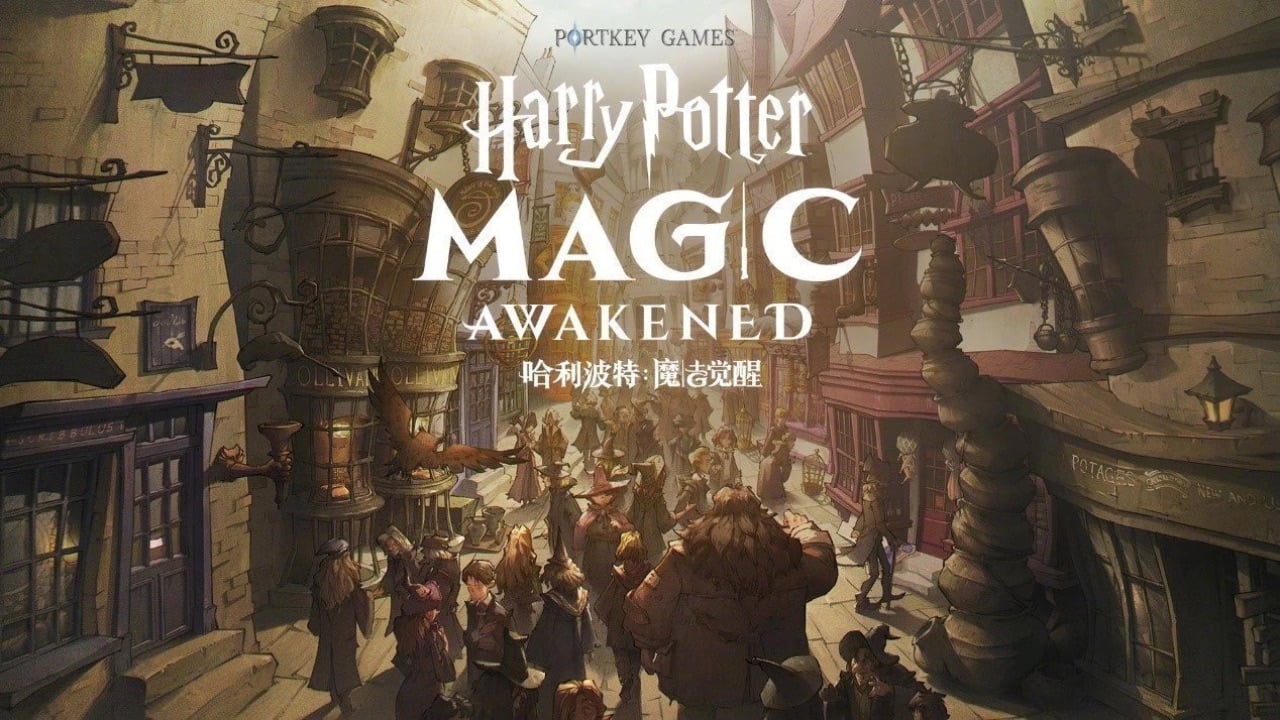 The featured image for our Harry Potter: Magic Awakened codes guide, featuring a promotional image from the game. The image seems to be a picture of a busy street filled with life from the wizarding world, and over it, the game's title card.