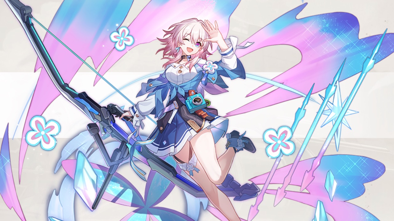 The featured image for our Honkai: Star Rail Battle Pass, featuring a character from the game dressed in a pink/white colour scheme waving at the camera.
