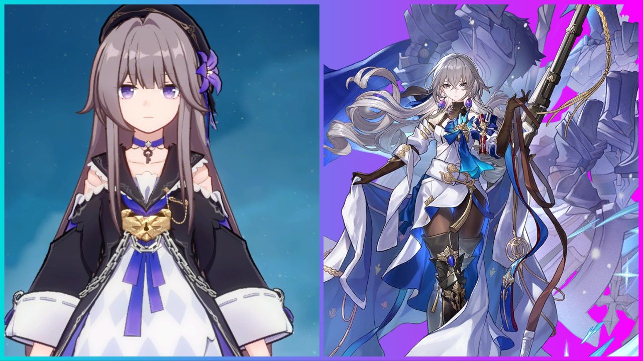 feature image for our how to get relics in honkai star rail, the image features a screenshot of the character herta from the game, and promo art of the character bronya as she holds her dress and the straps that are attached to her weapon