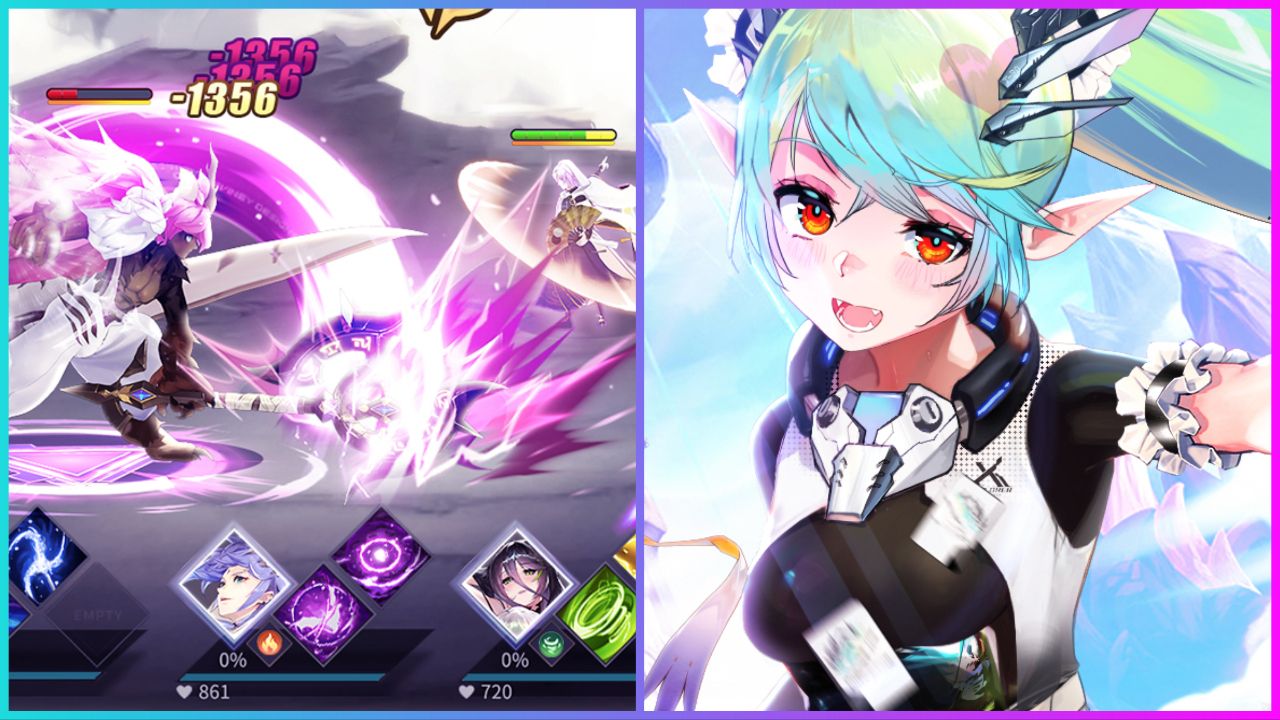 feature image for our idle fantasia codes, there is official art of a character from the game who seems to be an elf with mountains in the background, there's also a screenshot of combat from the game with stylish flashes from weapons and character portraits at the bottom