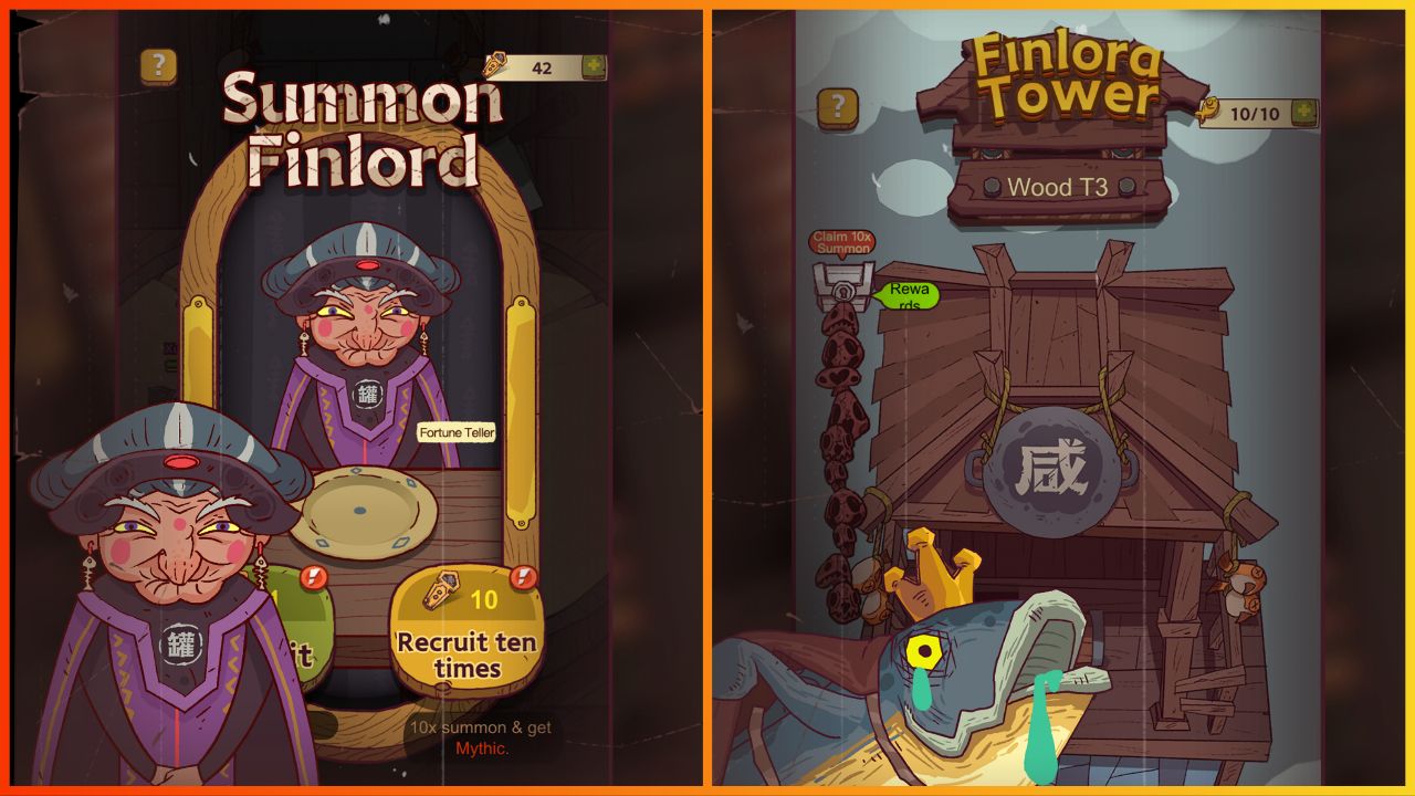 feature image for our idle fish kingdoms codes guide, the image features screenshots from the game such as the summoning screen which has an old lady stood behind a counter with the words "summon finlord" above, there is also a screenshot of the Finlord Tower screen of a wooden building and a drawing of a fish that has water coming out of its mouth