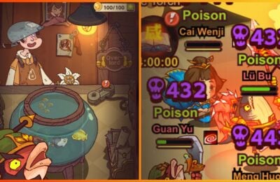 feature image for our idle fish kingdoms tier list, the image features promo screenshots from the game of a human character wearing a pan on his head, as a fish wearing a uniform is at the bottom of the image with a fish bowl in the middle with fish inside swimming around, there is also a screenshot of combat gameplay from the game with some of the fish taking part in battle having the poison debuff effect