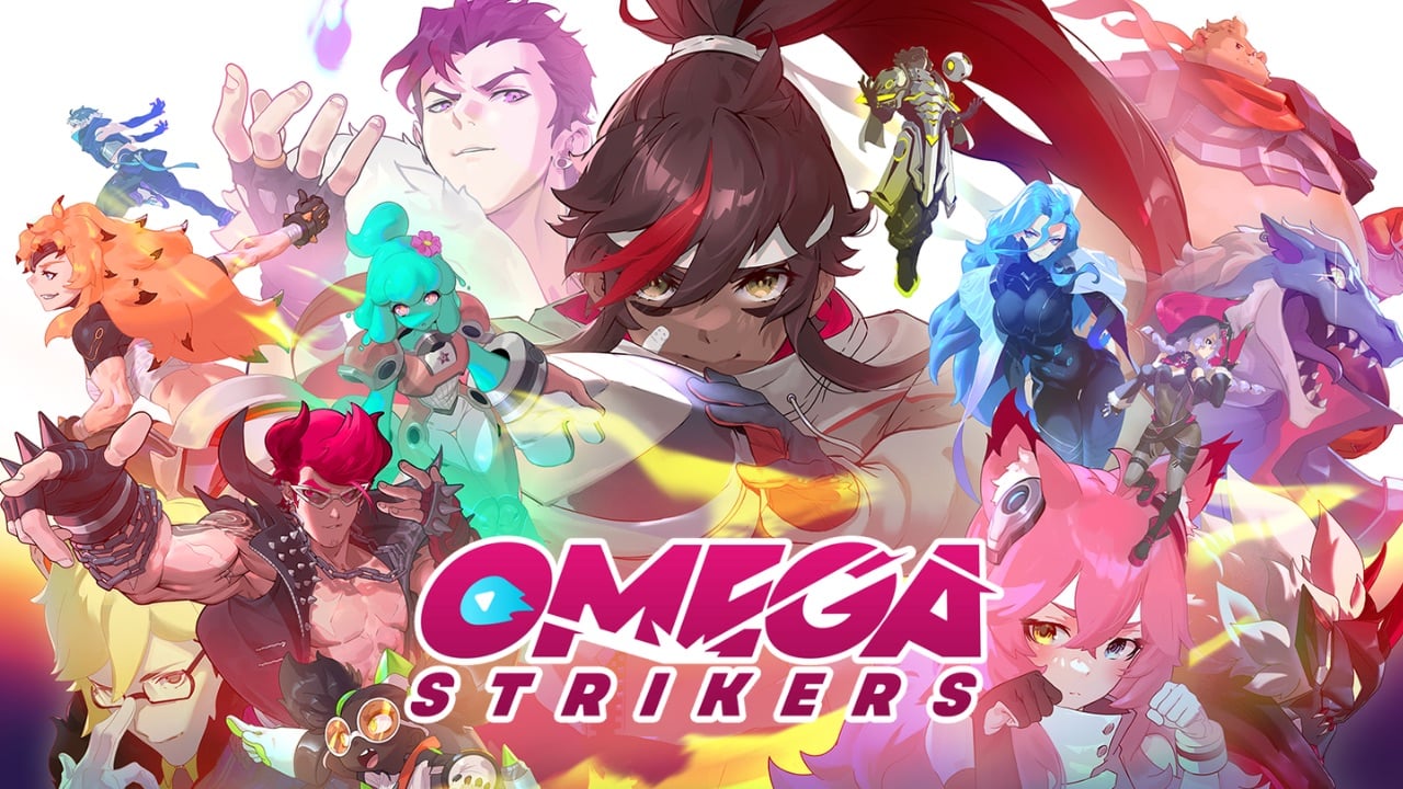 The featured image for our Omega Strikers codes guide, featuring a poster of the game that includes the game's main characters all looking towards the camera. The colour pallette is quite diverse.