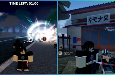 feature image for our project mugetsu abilities guide, the image features 2 screenshots from the game of a roblox character standing close to a battle in the middle of a street, with flashes and battle effects in the background, there is also a screenshot of a roblox character standing next to a roblox version of Kisuke from bleach who is sat on the ground