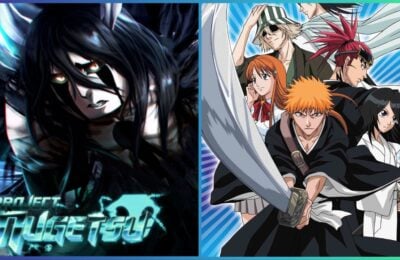 feature image for our project mugetsu clan tier list, the image features promo art for the game of a hollow from bleach, with the game's logo at the bottom with skulls and chains, there is also official art for the bleach franchise of some of the main cast standing together, as ichigo kurasaki stands at the front holding his sword outwards