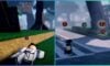 feature image for our project mugetsu ichimaru guide, the image features 2 screenshots from the game, with one being a screenshot of a character called aizen as he lays down on the grass, there is also a screenshot of a custom made character standing in the middle of the street, with aizen on the grass in the distance