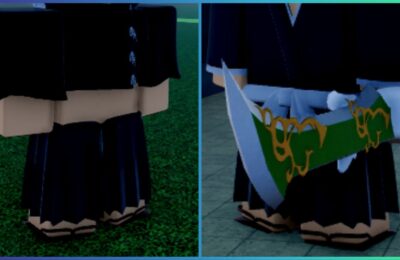 feature image for our project mugetsu items guide, the image features screenshots of a roblox character in the game, with one screenshot of a roblox character wearing the kisuke cloak from the game, as well as a character holding the easter sword
