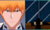 feature image for our project mugetsu kurosaki guide, the image features a screenshot of ichigo kurosaki from the bleach anime, as well as a screenshot from project mugetsu of a character facing a large door