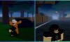 feature image for our project mugetsu soul society guide, the image features screenshots from the game of a roblox character taking part in a battle against a Hollow from bleach, there is also a screenshot of the roblox character standing in the middle of the street while surrounded by red outlines in the distances that alert the player that a hollow is nearby