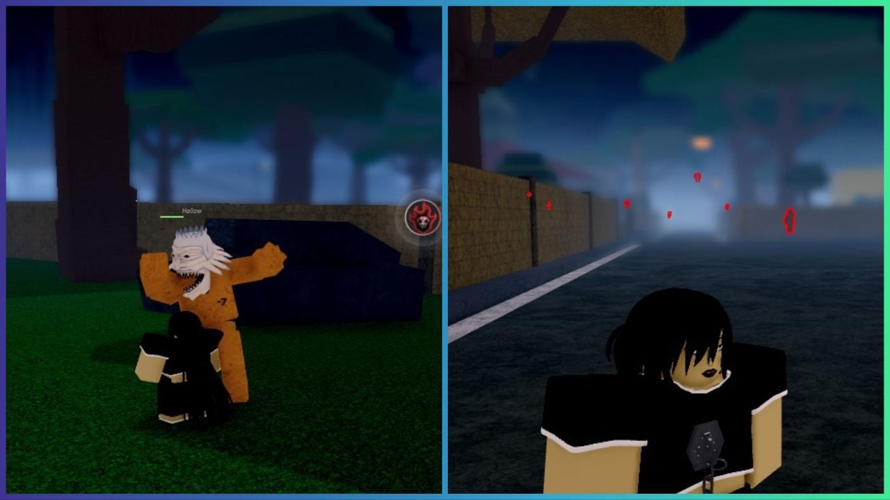 feature image for our project mugetsu soul society guide, the image features screenshots from the game of a roblox character taking part in a battle against a Hollow from bleach, there is also a screenshot of the roblox character standing in the middle of the street while surrounded by red outlines in the distances that alert the player that a hollow is nearby