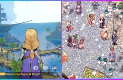 feature image for our ragnarok origin class tier list, the image features promo screenshots from the game of a group of characters standing in a town with street lamps, there is also a screenshot of a character looking out over the ocean, with a ship in the distance and wooden decks across the water