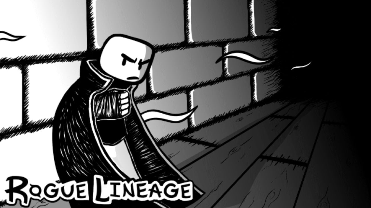 Feature image for our Rogue Lineage classes guide. It shows a black and quite sketch of a Roblox-style character in a cape leaning against a stone wall and scowling.