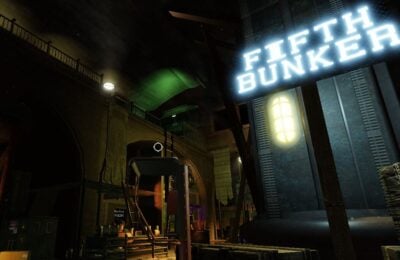 Feature image for our RPG Elevator Best Miracle guide. It shows the inside of Bunker 5, a dimly-lit railway platform area with some stores and random objects. A large metal pillar has a neon sign that reads 'FIFTH BUNKER'.