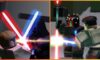 feature image for our saber showdown codes, the image features promo screenshots from the game of a roblox version of darth vader taking part in a duel with light sabers against a roblox version of obi wan kenobi, there is also a roblox version of darth maul taking part in a lightsaber duel