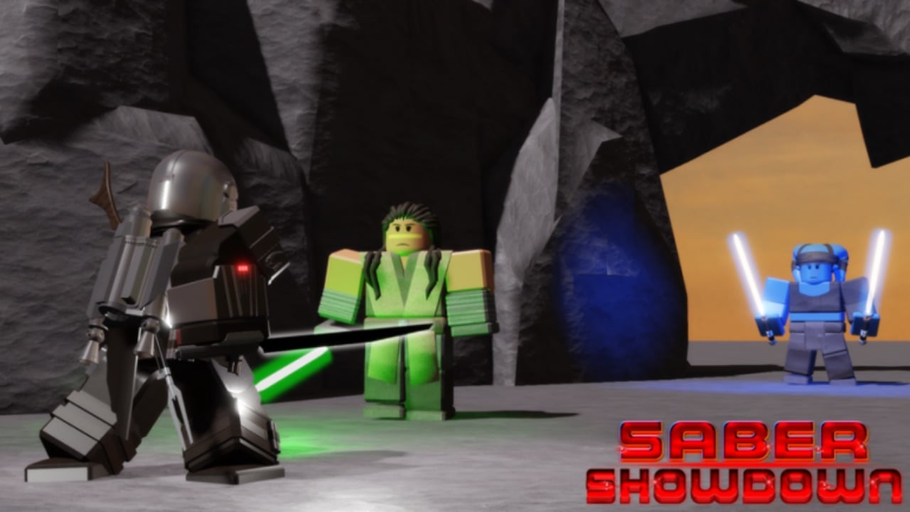 The featured image for our Saber Showdown Controls guide, featuring three lightsaber weilding characters engaging in a 2v1 in a cavenous setting.