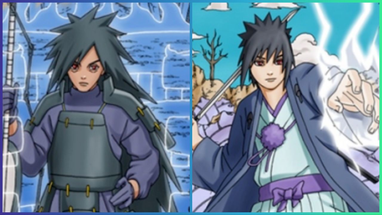 feature image for our shinobi life 2 bloodline tier list, the image features promo drawings for the game of characters that resemble characters from the naruto franchise. There is a drawing of a character who looks like sasuke as he holds his hand out as white flames surround his hand, he is also holding a katana behind him, there is also a drawing of another character has he holds his weapon at the side of him