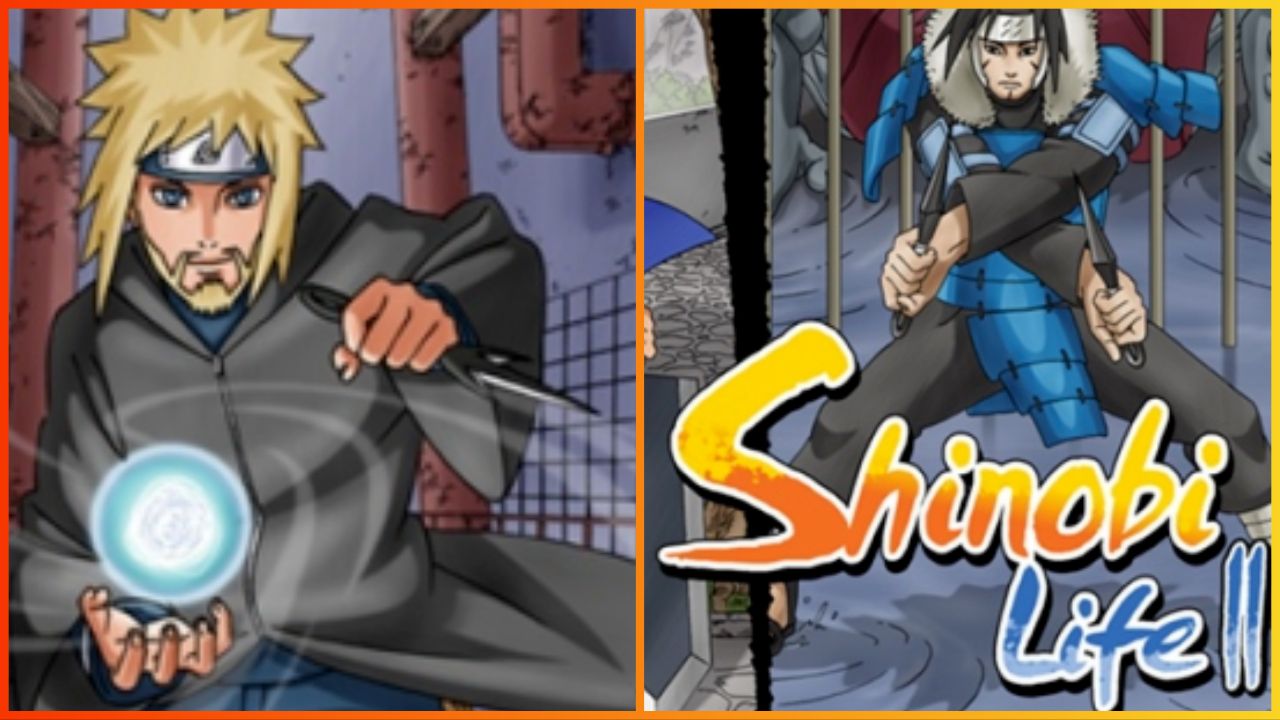 feature image for our shinobi life 2 codes, the image features promo drawings for the game of characters that resemble characters from the naruto franchise, with an older looking version of naruto with a beard as he holds a kunai and wields an orb, there is also a drawing of a character holding two kunai's as he stands in water, with the game's logo at the bottom