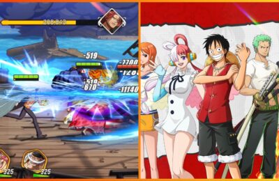 feature image for our the sea road: fate assembly tier list, the image features art of some characters from the one piece franchise such as luffy, there is also a screenshot of gameplay from the game as one piece characters take part in battle on wooden planks by the sea, with a boss health bar at the top