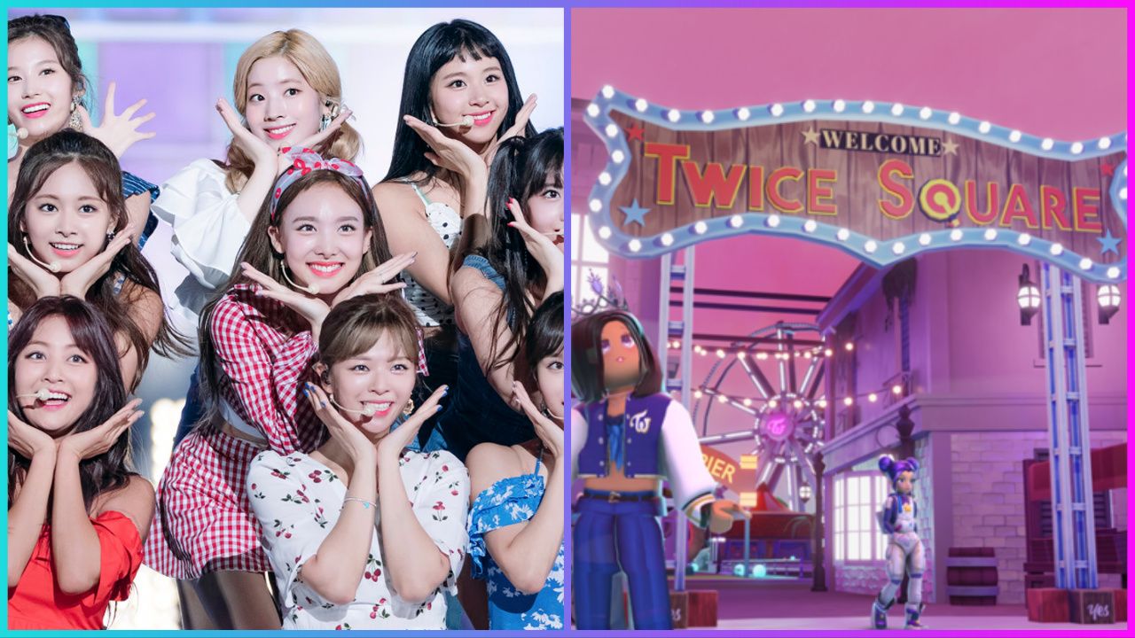 feature image for our twice square collectibles guide, the image features a photo of the k-pop group twice as the members are on stage smiling with their hands framing their faces, there is also a promo image for the roblox game of a wooden sign with "welcome twice square" as roblox characters walk around, there is also a ferries wheel in the background and a pier