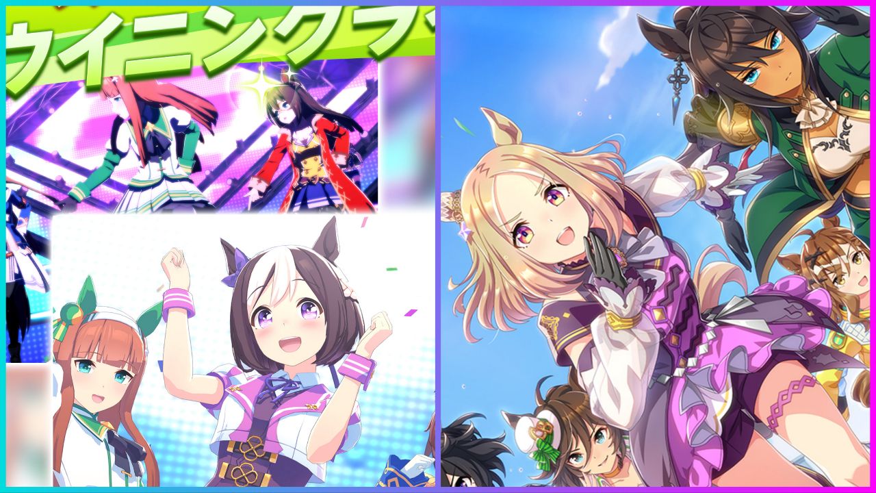feature image for our uma musume codes, the image features promo art for the game such as anime style drawings of some of the characters as they all take part in a race together, there is also art of two of the characters performing and dancing on stage with confetti falling down
