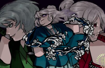 Feature image for our Wisteria 2 codes guide. It shows promotional art of three Roblox characters drawn in an anime style, dressed in clothing from feudal Japan, coloured green, blue, and red.