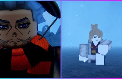 feature image for our wisteria 2 clan buffs guide, the image features a screenshot of the main loading screen in the game of a character who looks tired while wearing a scarf, there is a character in a hood and mask behind him, there is also a screenshot from the game of a roblox character crouching down on the floor while surrounded by snow with snowflakes falling down from the sky