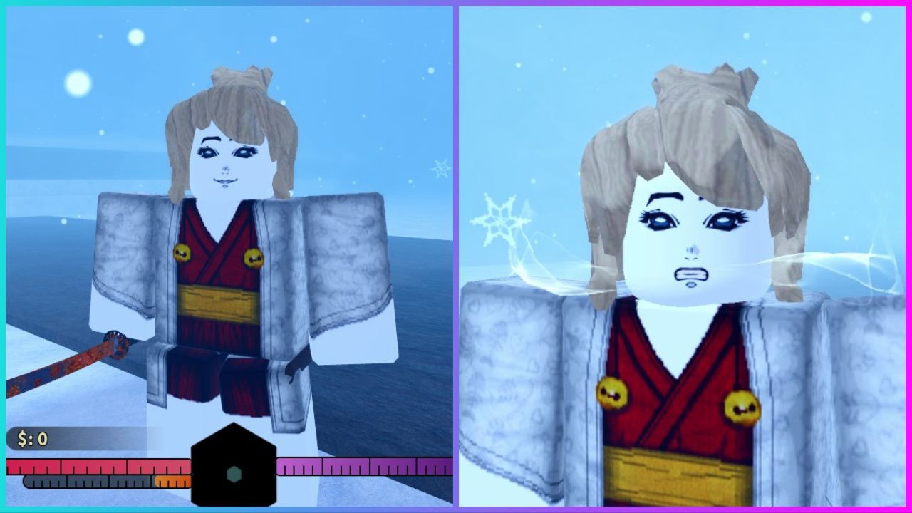 feature image for our wisteria 2 map guide, the image features screenshots from the game of a roblox character holding a katana and smiling with snow falling behind them, there is also a screenshot of a roblox character using the breathing ability, with air circling around their mouth as they grit their teeth
