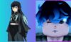 feature image for our wisteria 2 tokito guide, the image features a screenshot of a roblox character from the tokito clan, shown with black hair with light blue highlights, there is also an official image of the character tokito from the demon slayer series