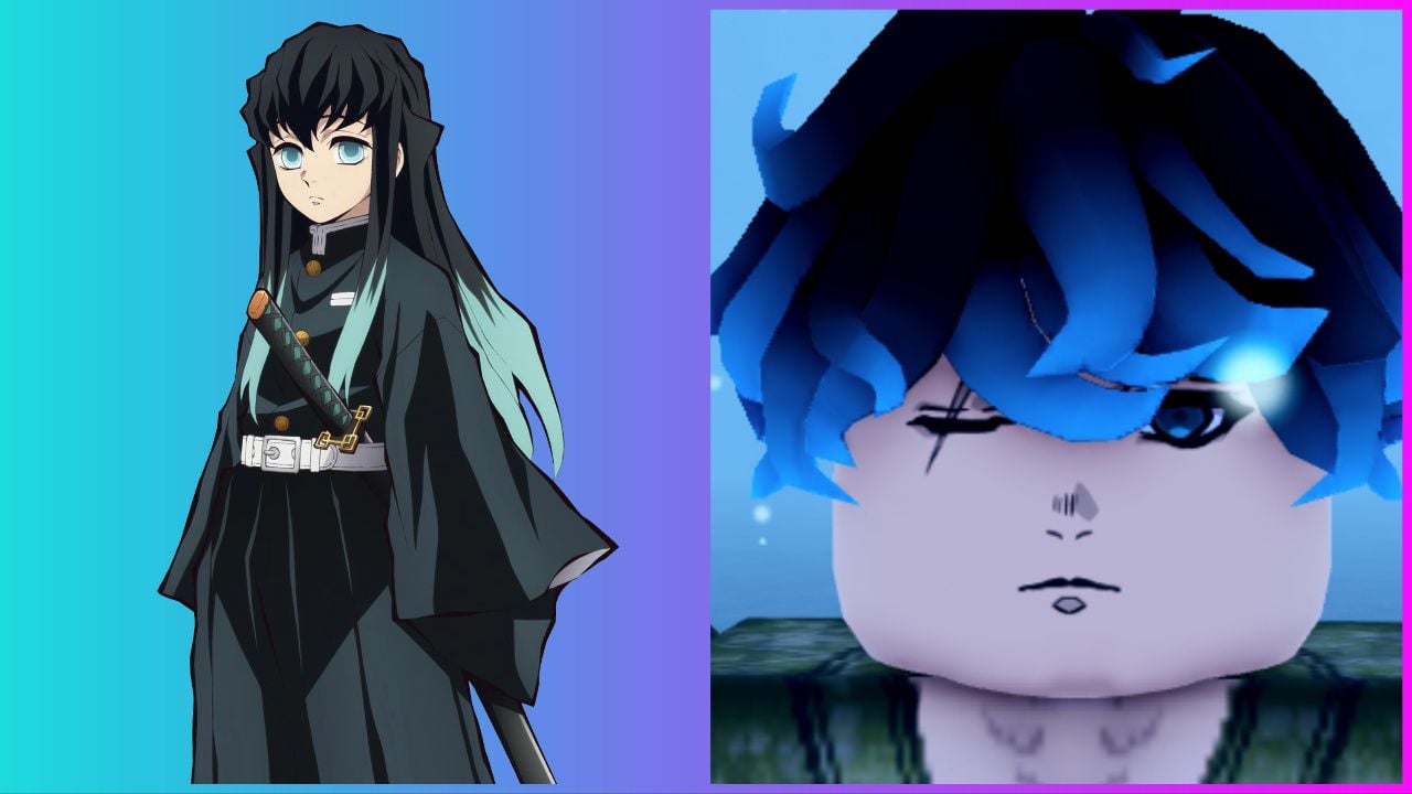 feature image for our wisteria 2 tokito guide, the image features a screenshot of a roblox character from the tokito clan, shown with black hair with light blue highlights, there is also an official image of the character tokito from the demon slayer series