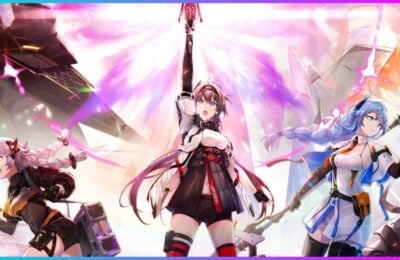 feature image for our aether gazer codes, the image features promo art for the game of three anime style characters wielding their weapons, with the girl in the middle holding her weapon upwards as the top of it glows
