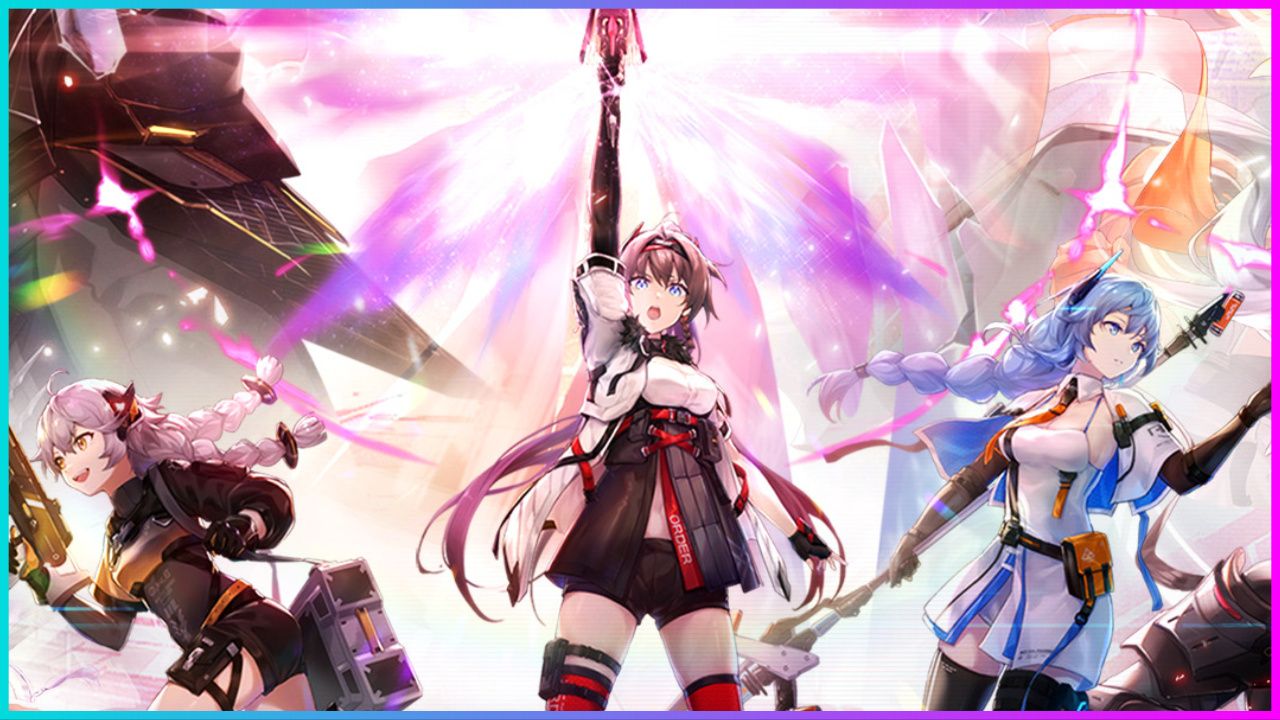 feature image for our aether gazer codes, the image features promo art for the game of three anime style characters wielding their weapons, with the girl in the middle holding her weapon upwards as the top of it glows