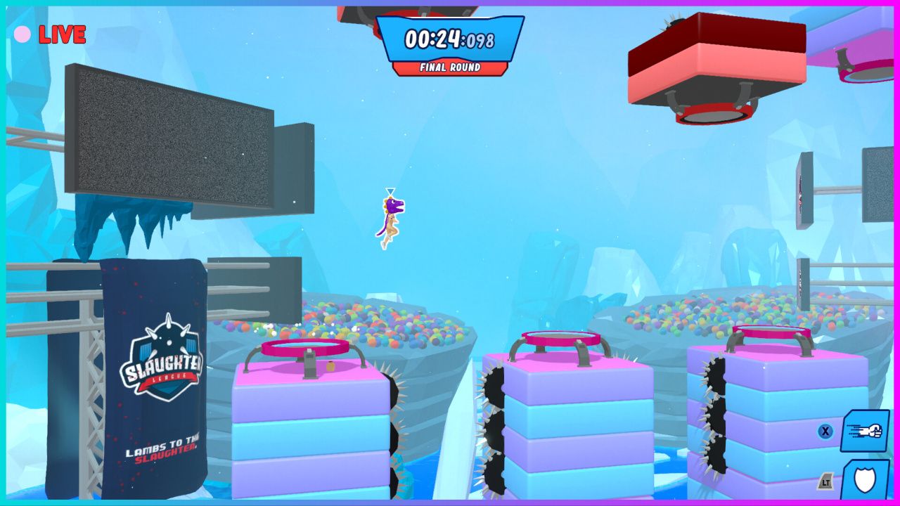 feature image for our against all odds codes, the image features a promo screenshot from the game, of a character wearing a dinosaur costume jumping over jump pads that have saws on the side of the pillars as the character races against time shown by the timer at the top of the screen