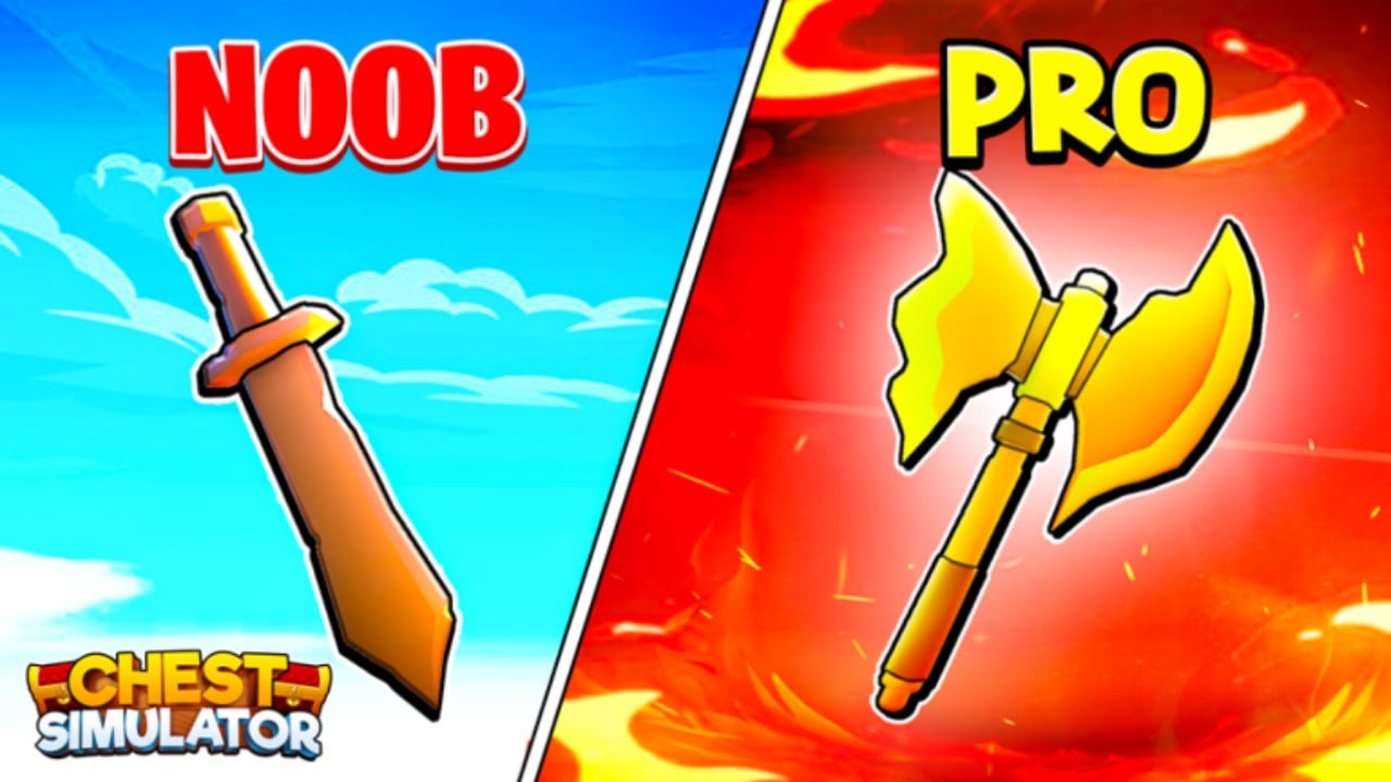 The featured image for our Chest Simulator codes guide, featuring a dagger on the left hand side of the screen infront of a blue background with the tag line "noob". A battle axe is shown on the right hand side of the screen with the tag line "pro".