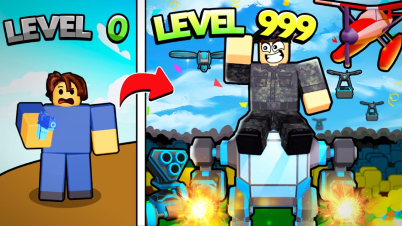 The featured image for our Commander Simulator codes guide, featuring a side by side comparison of a level 0 noob, wearing plain clothes, and a level 999 commander, who's jumping in the air, commanding things.