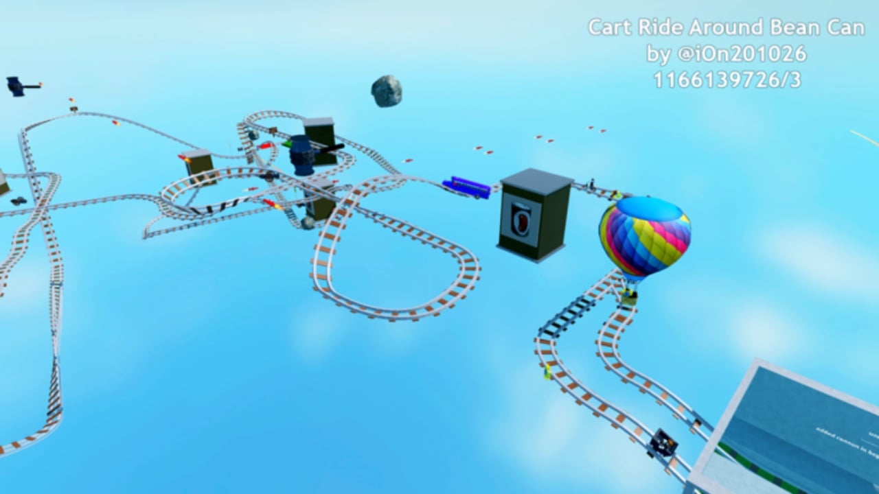 The featured image for our Create A Cart Ride codes guide, featuring a cart ride track suspended in a blue Roblox sky.