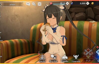 feature image for our danmachi battle chronicle codes, the image features a screenshot from the game of the character hestia sat on a sofa eating food while smiling