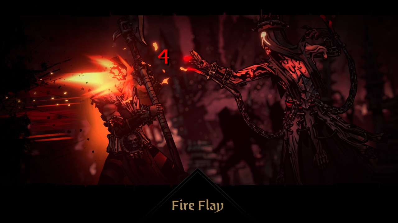 The featured image for our Darkest Dungeon 2 characters guide, featuring a character getting burned to death by a monster, who lights the dark screen up in red.