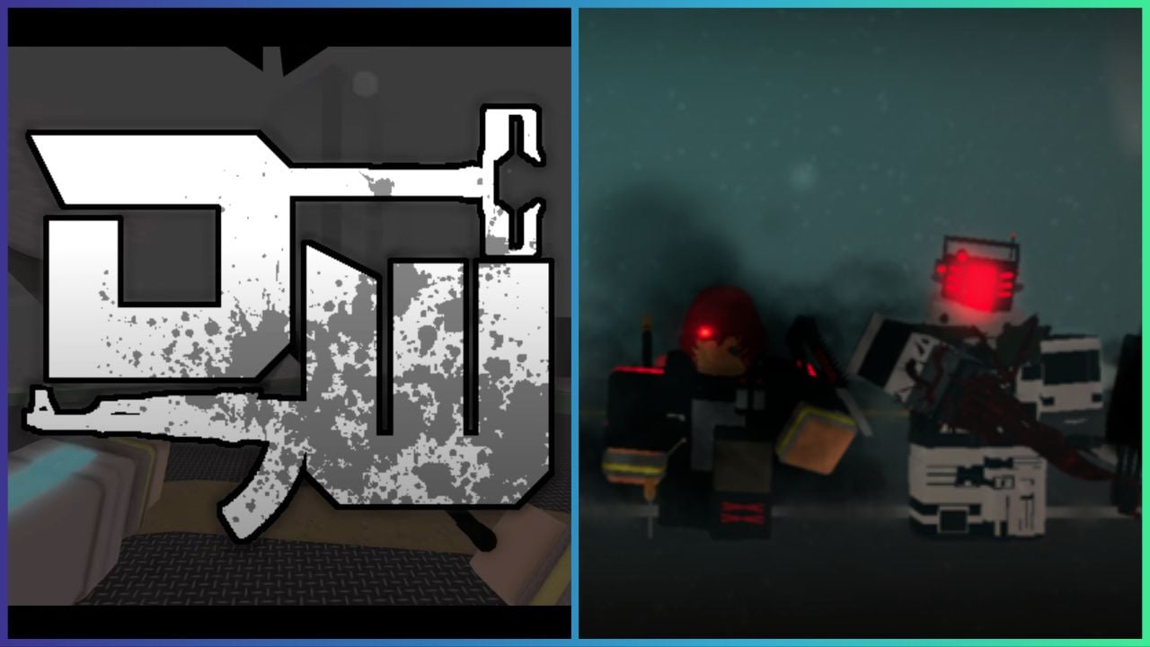 feature image for our decaying winter perk tier list, the image features a screenshot from the trailer for the game of the logo with "DW" and a gun, there is also a promo screenshot from the game of 2 roblox characters, with one being a robot with a glowing face holding a weapon