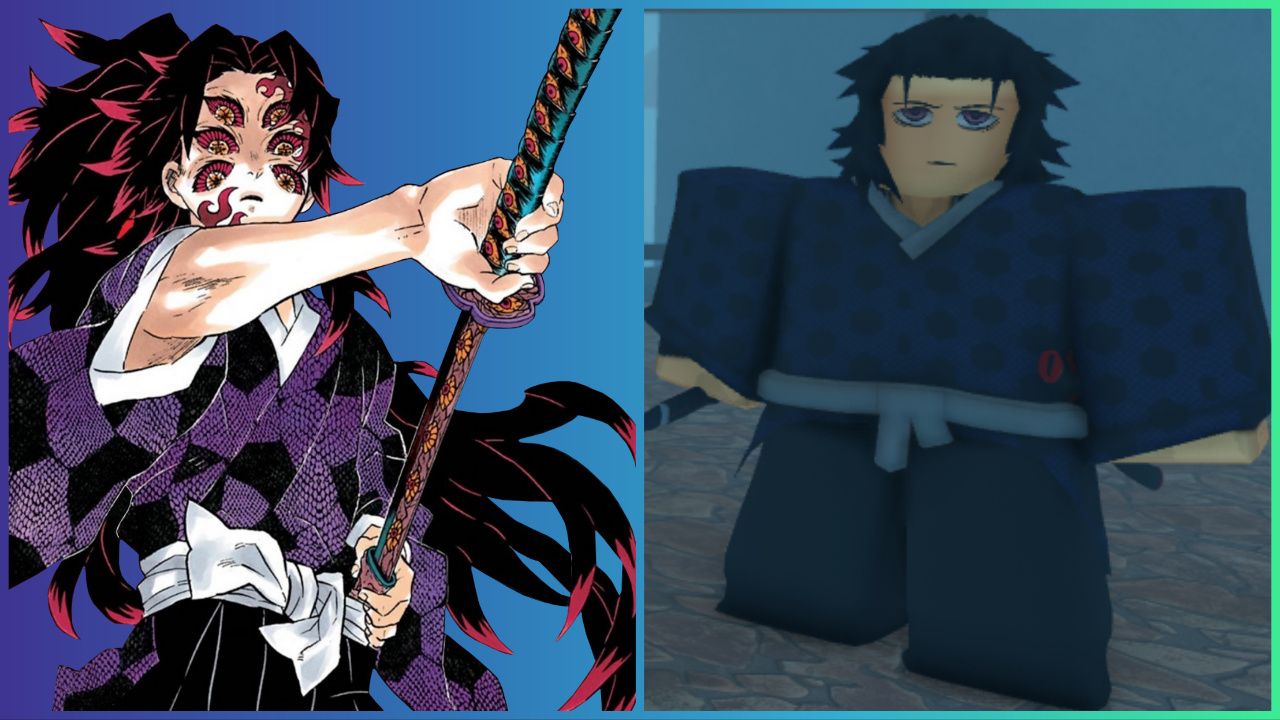 feature image for our demon slayer midnight sun moon breathing guide, the image features official art of the character kokushibo from the series, demon slayer, as unsheathes his katana, he also has six eyes, there is also a screenshot of kokushibo as a roblox character from the game, he only has two eyes in this photo